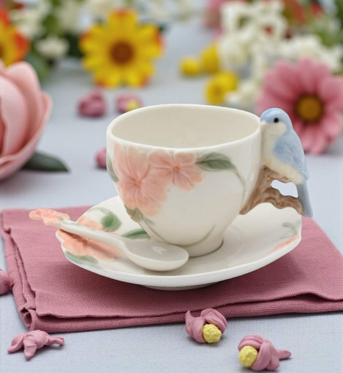 Ceramic Flower with Bluebird Cup and Saucer and Spoon-2 Sets, Gift for Mom, Gift for Friend or Coworker, Tea Party Décor, Café Decor